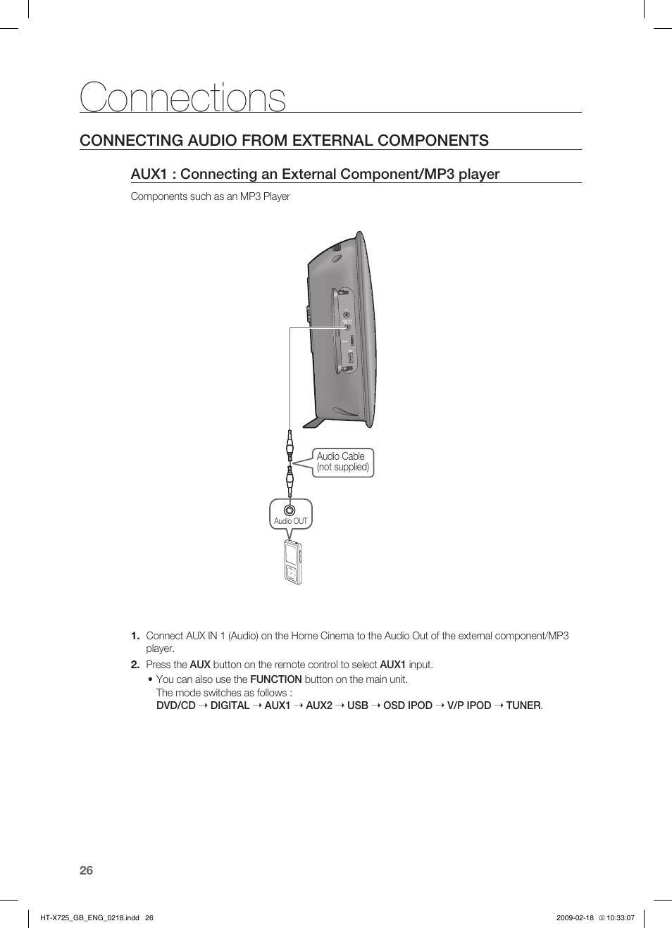 Connections, Connecting audio from external components | Samsung HT-X725G User Manual | Page 26 / 70