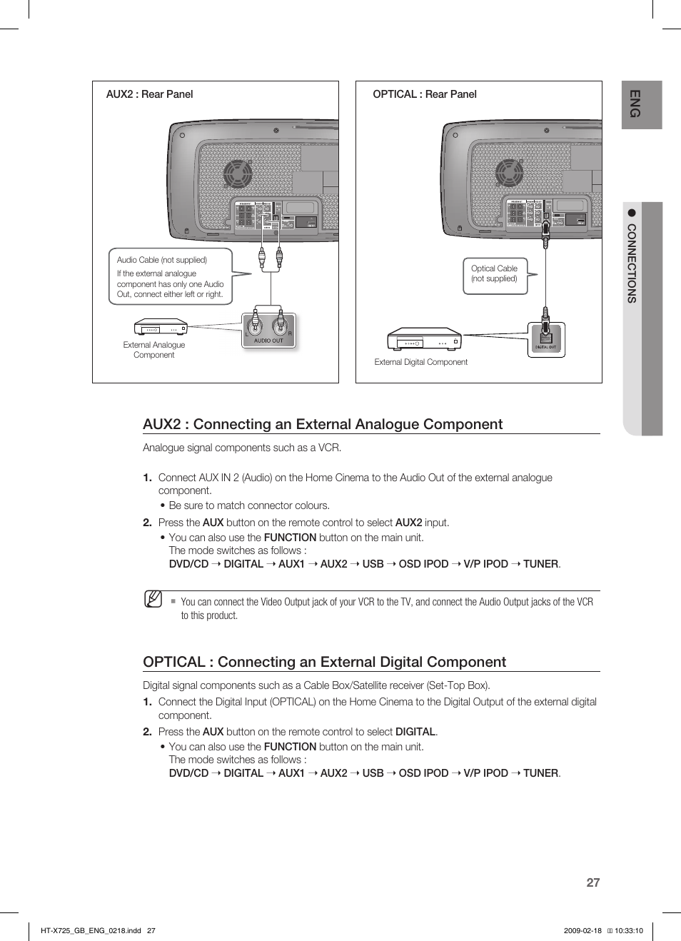 Aux2 : connecting an external analogue component, Optical : connecting an external digital component | Samsung HT-X725G User Manual | Page 27 / 70