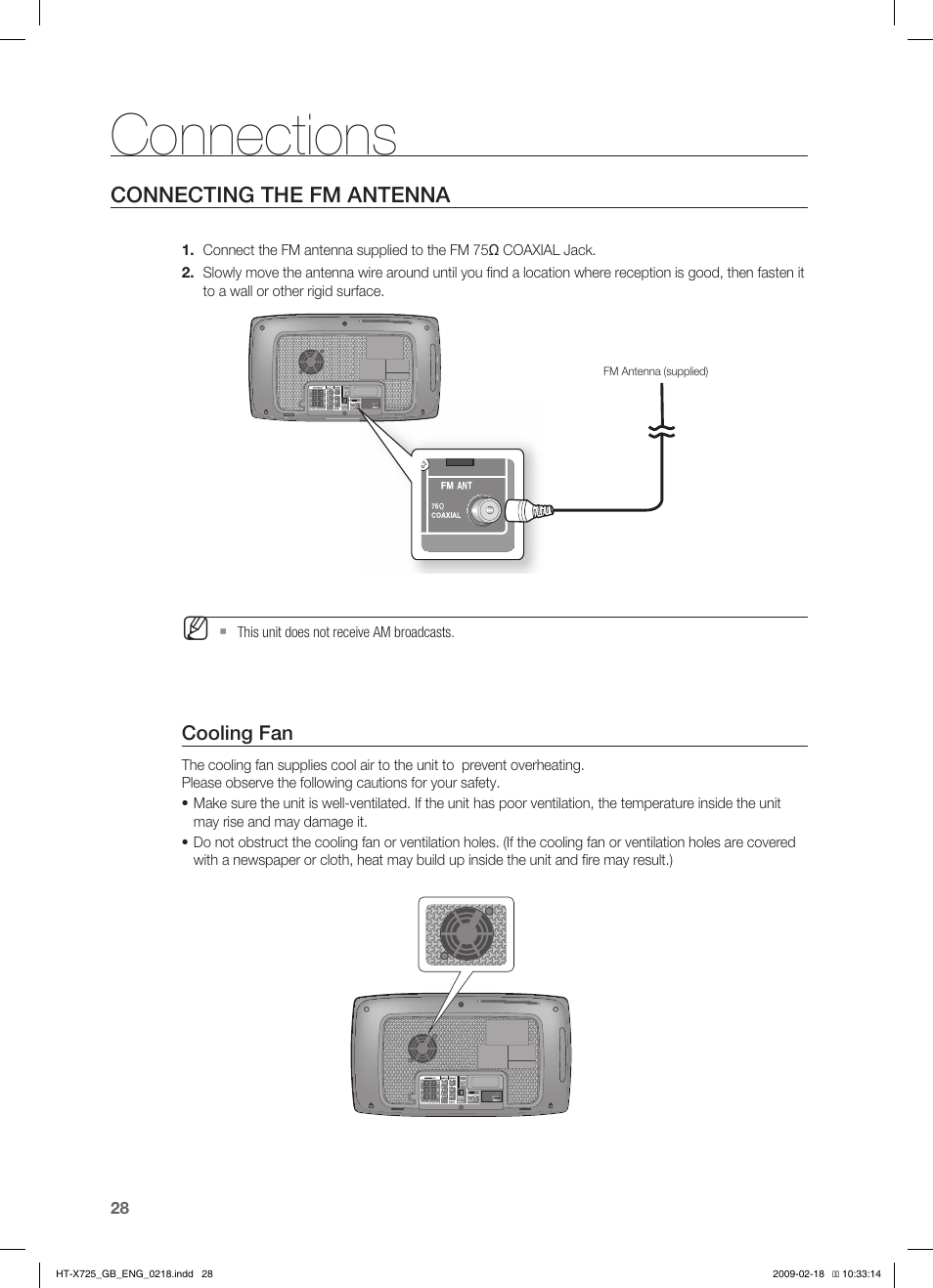 Connections, Connecting the fm antenna | Samsung HT-X725G User Manual | Page 28 / 70