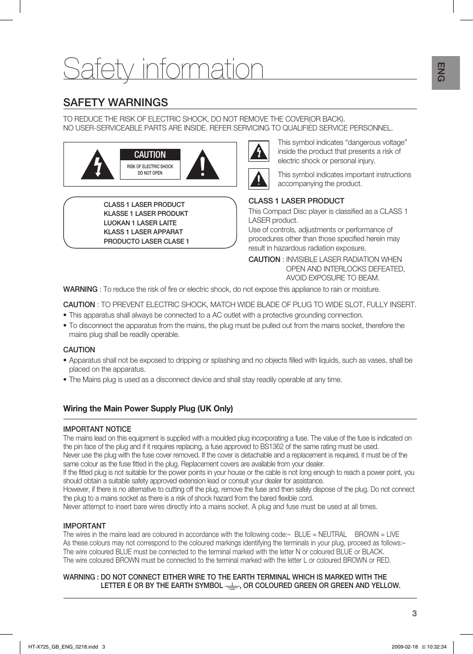 Safety information, Safety warnings | Samsung HT-X725G User Manual | Page 3 / 70