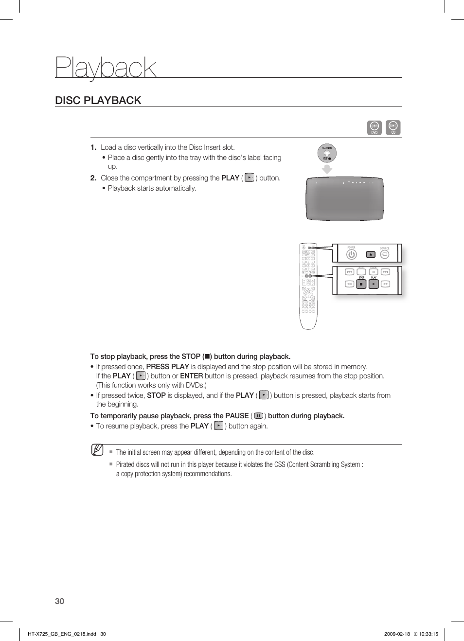 Playback, Disc playback | Samsung HT-X725G User Manual | Page 30 / 70