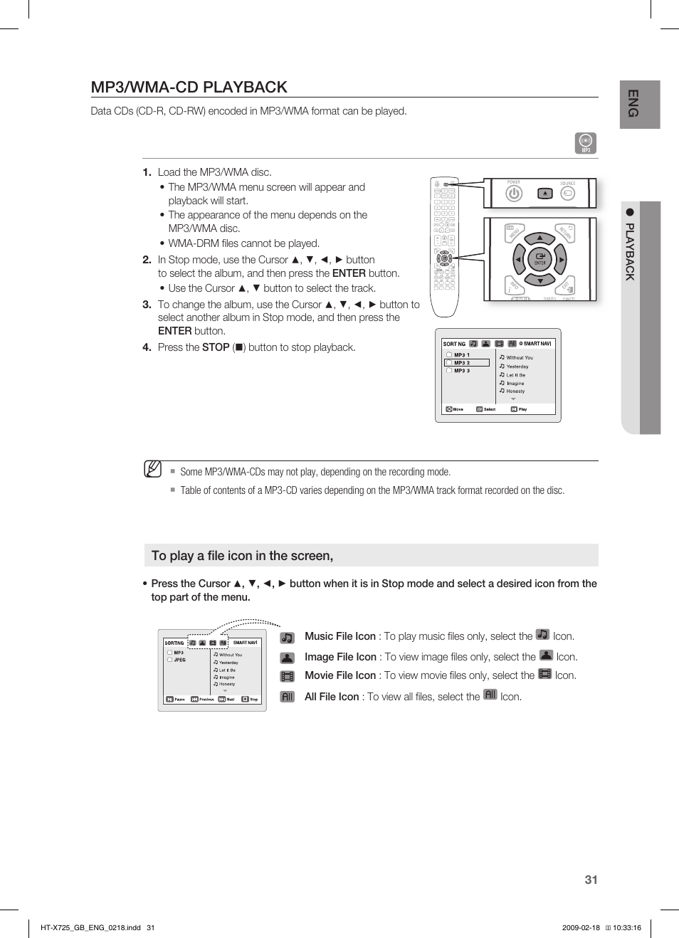 Mp3/wma-cd playback | Samsung HT-X725G User Manual | Page 31 / 70