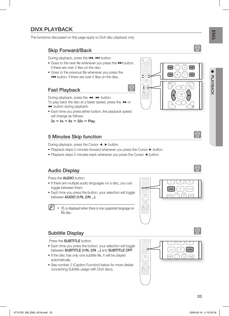 Divx playback | Samsung HT-X725G User Manual | Page 33 / 70