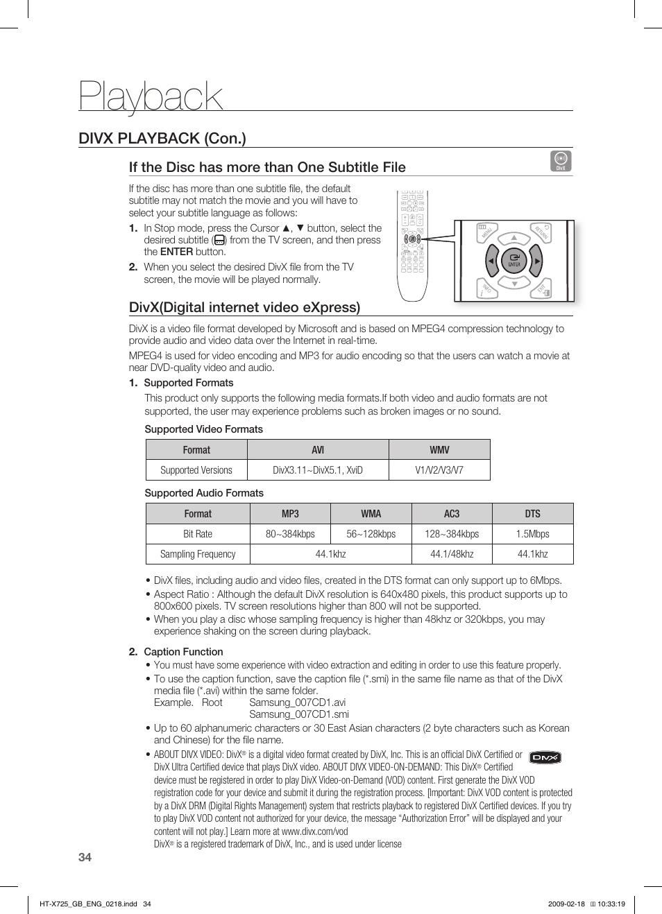 Playback, Divx playback (con.), If the disc has more than one subtitle file | Divx(digital internet video express) | Samsung HT-X725G User Manual | Page 34 / 70