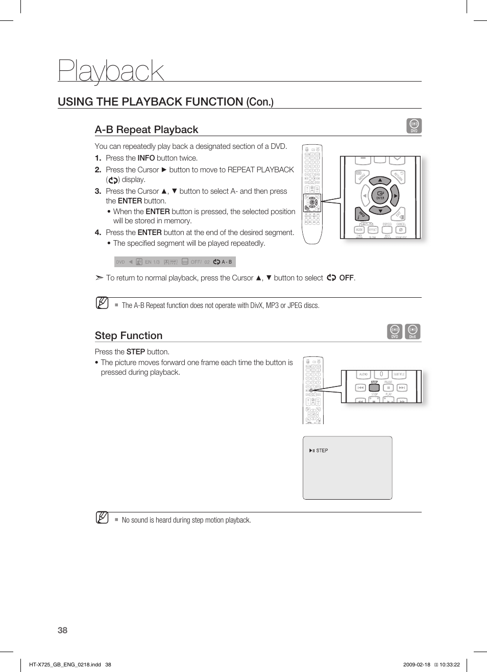 Playback, Using the playback function (con | Samsung HT-X725G User Manual | Page 38 / 70