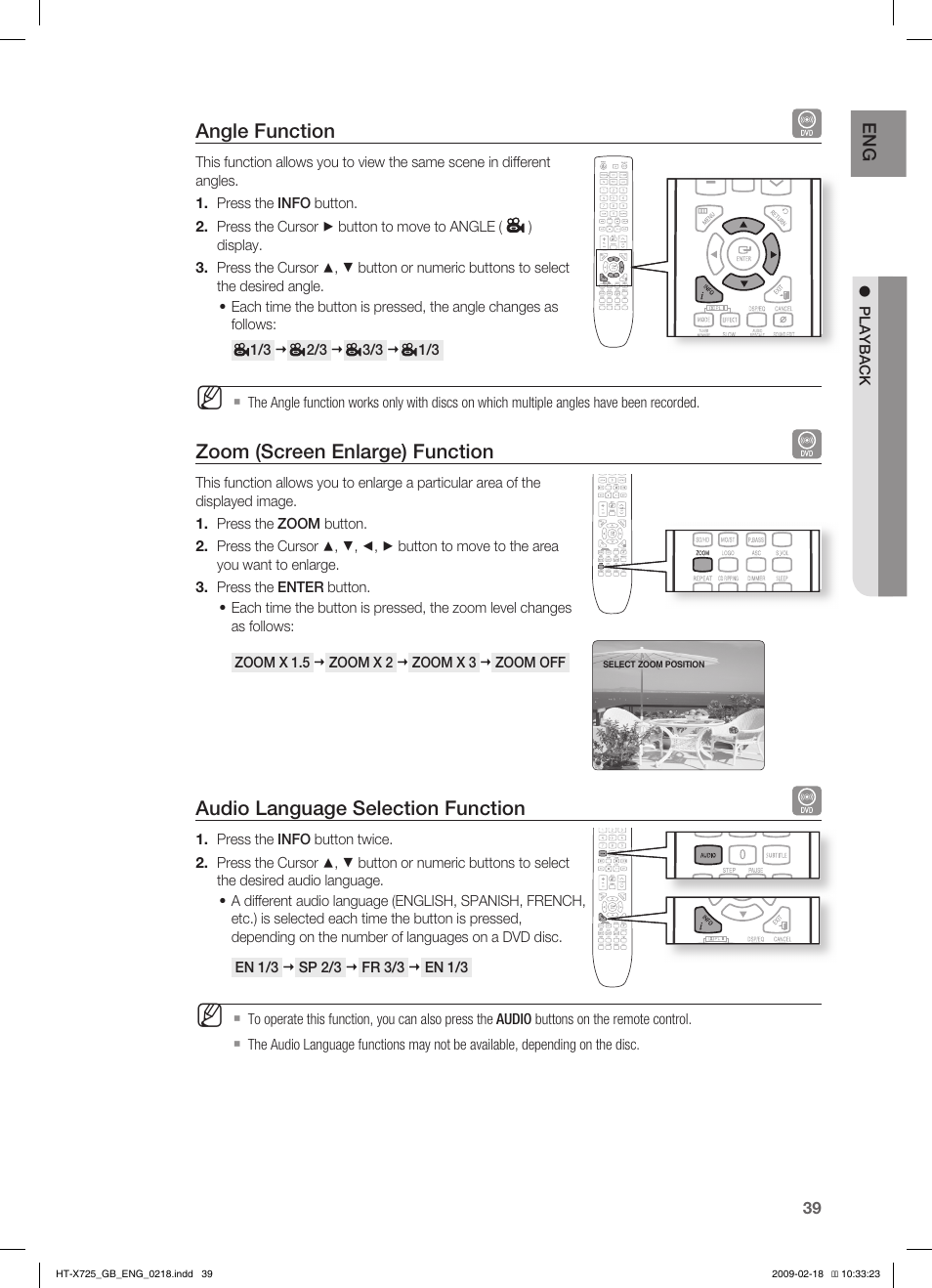 Angle function, Zoom (screen enlarge) function, Audio language selection function | Samsung HT-X725G User Manual | Page 39 / 70