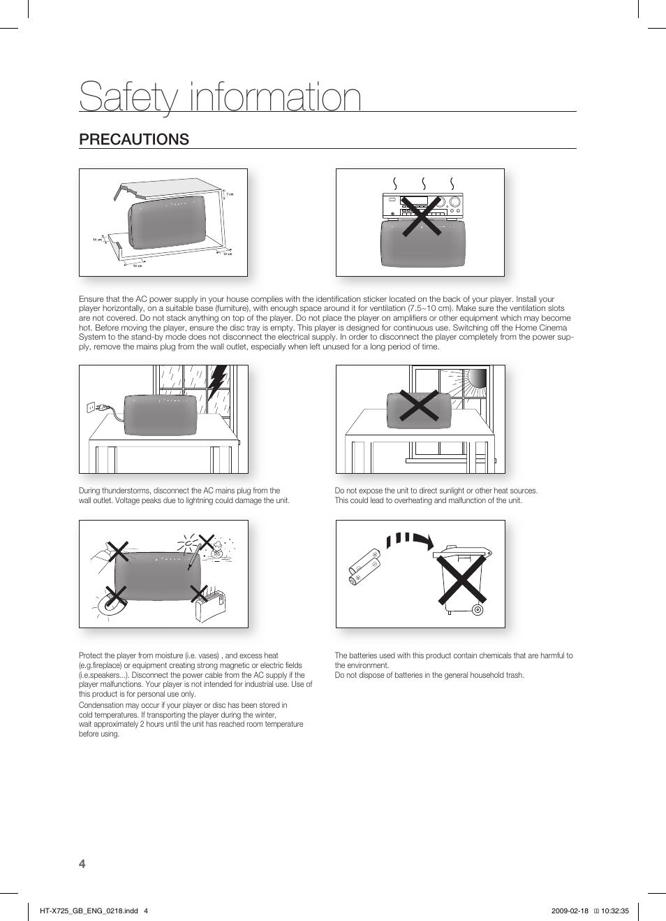 Safety information, Precautions | Samsung HT-X725G User Manual | Page 4 / 70