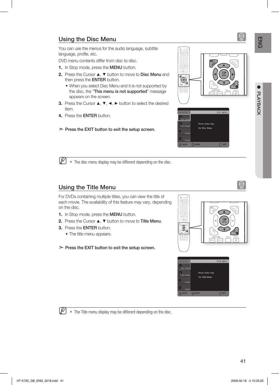 Using the disc menu, Using the title menu | Samsung HT-X725G User Manual | Page 41 / 70