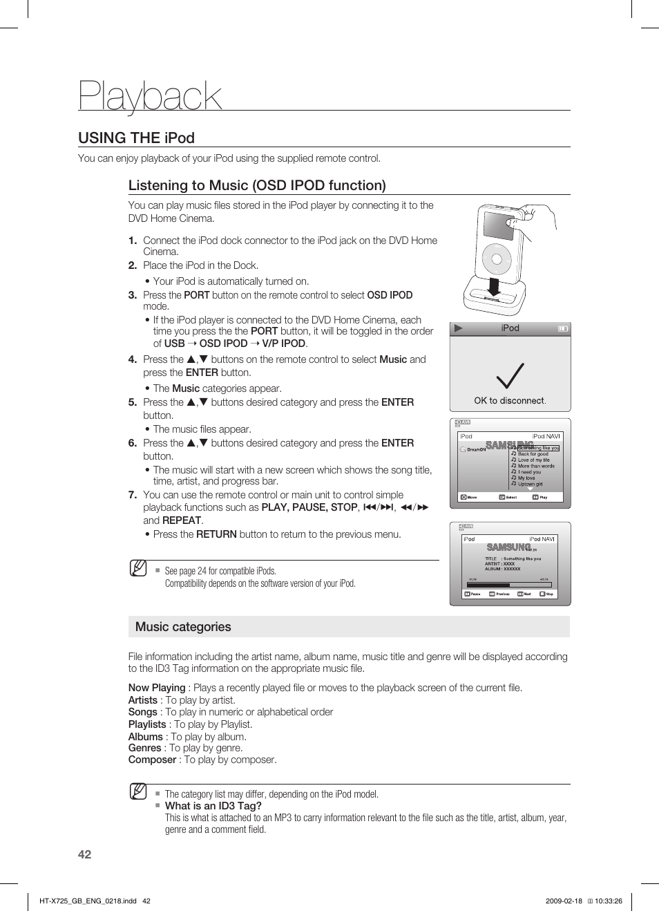 Playback, Using the ipod, Listening to music (osd ipod function) | Samsung HT-X725G User Manual | Page 42 / 70