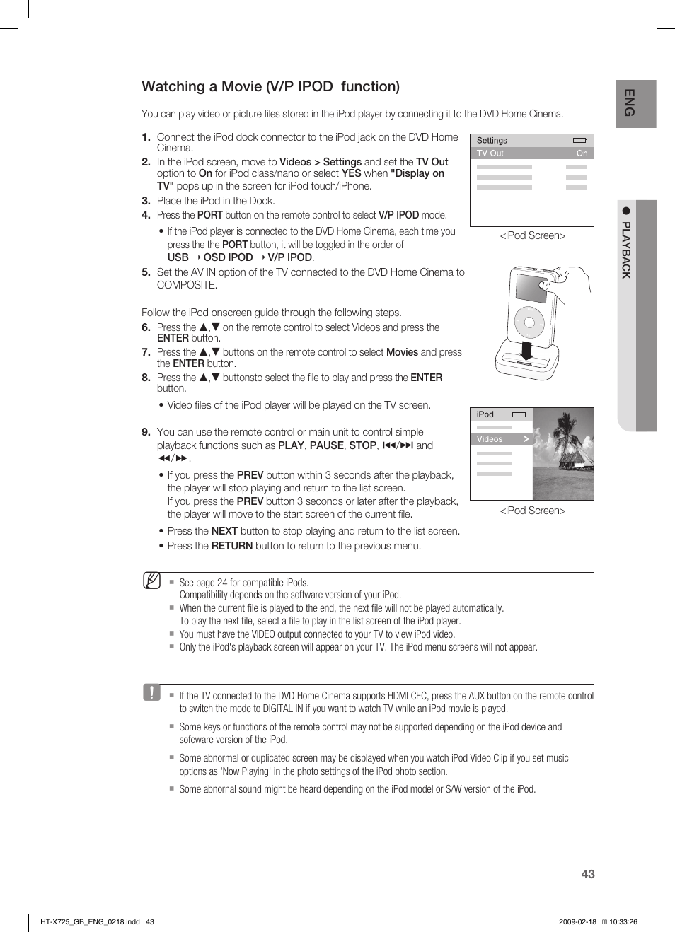 Watching a movie (v/p ipod function) | Samsung HT-X725G User Manual | Page 43 / 70