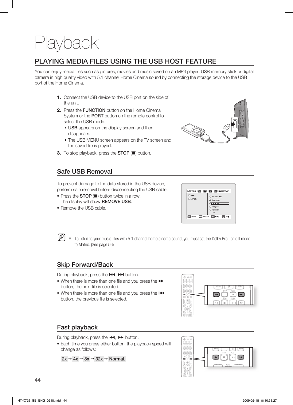 Playback, Playing media files using the usb host feature | Samsung HT-X725G User Manual | Page 44 / 70