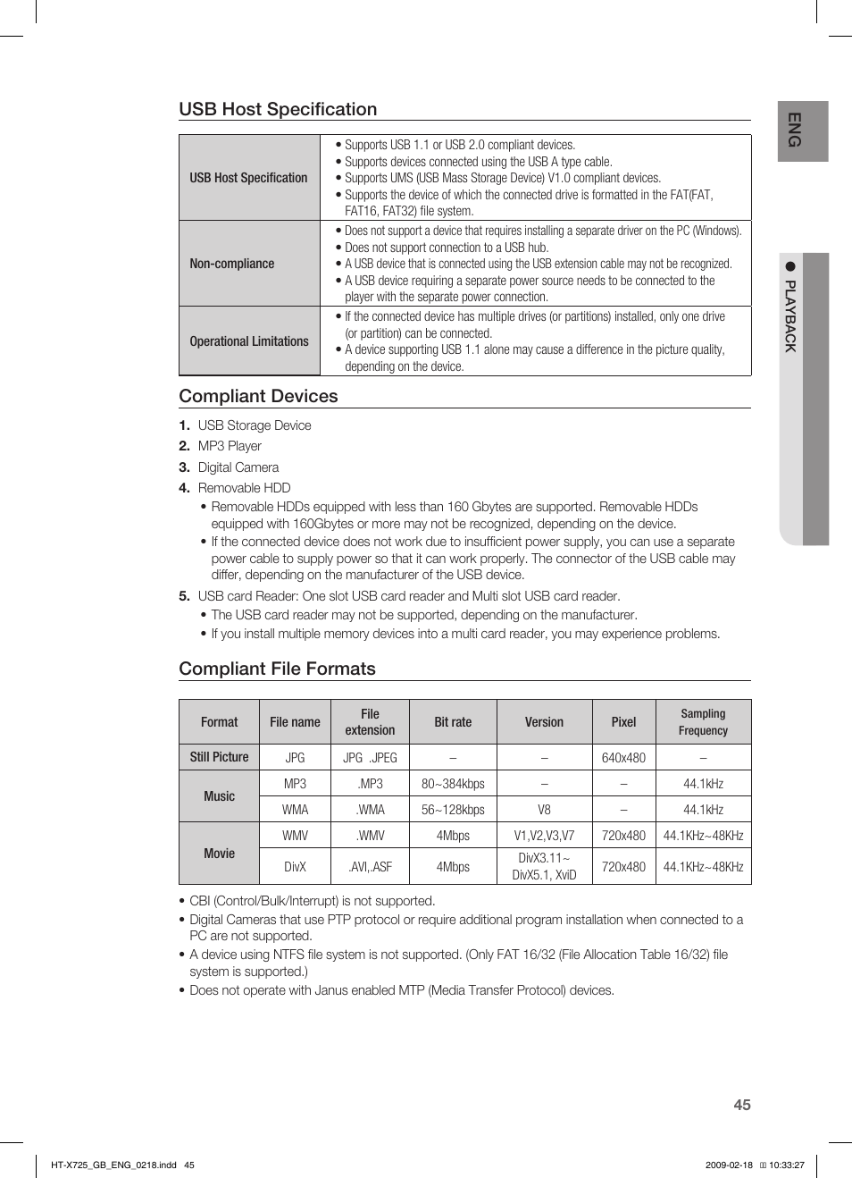 Usb host specification, Compliant devices, Compliant file formats | Samsung HT-X725G User Manual | Page 45 / 70