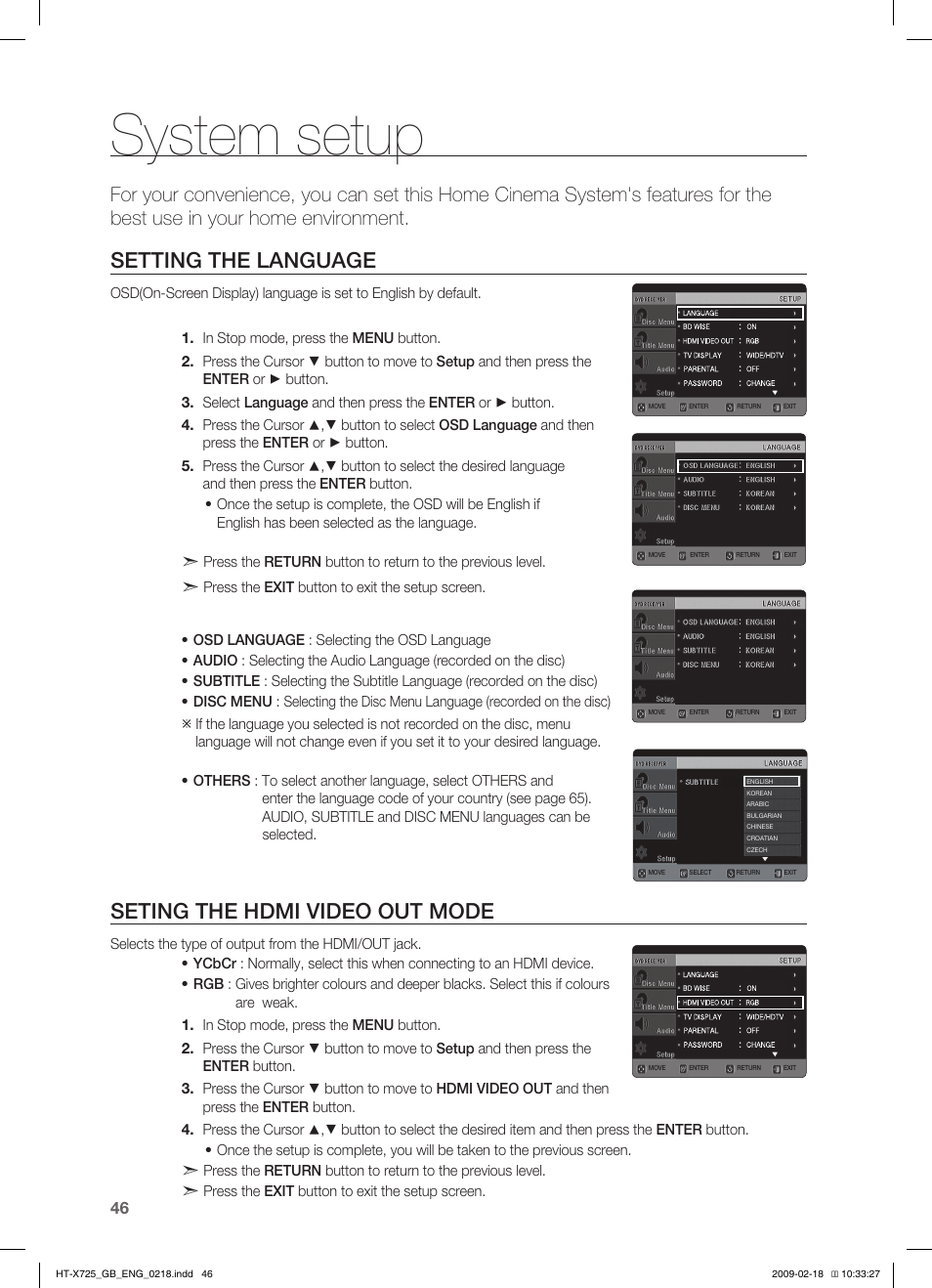 System setup, Seting the language, Seting the hdmi video out mode | Setting the language | Samsung HT-X725G User Manual | Page 46 / 70