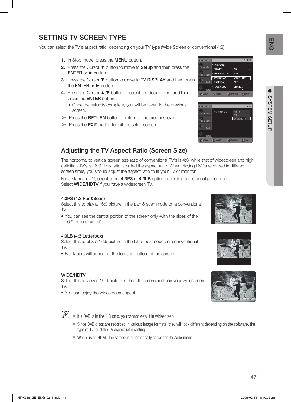 Seting tv screen type, Setting tv screen type, Adjusting the tv aspect ratio (screen size) | En g | Samsung HT-X725G User Manual | Page 47 / 70