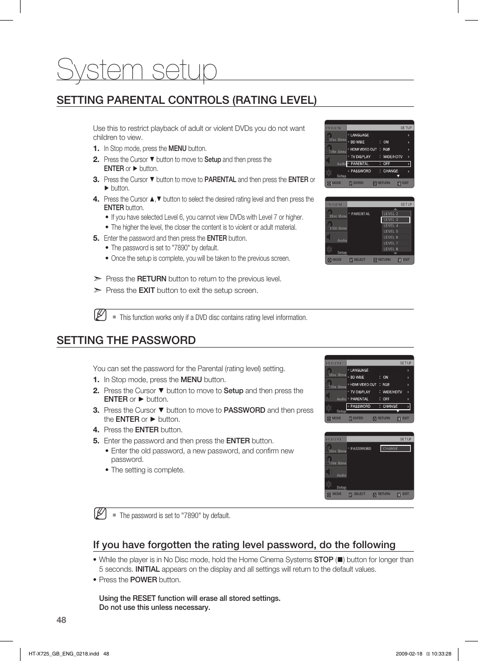 Seting parental controls (rating level), Seting the pasword, System setup | Setting parental controls (rating level), Setting the password | Samsung HT-X725G User Manual | Page 48 / 70