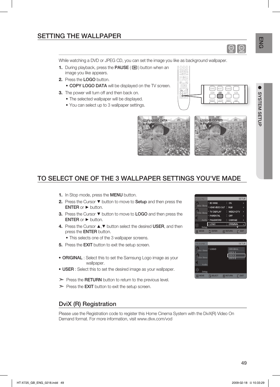 Setting the wallpaper, Dvix (r) registration | Samsung HT-X725G User Manual | Page 49 / 70