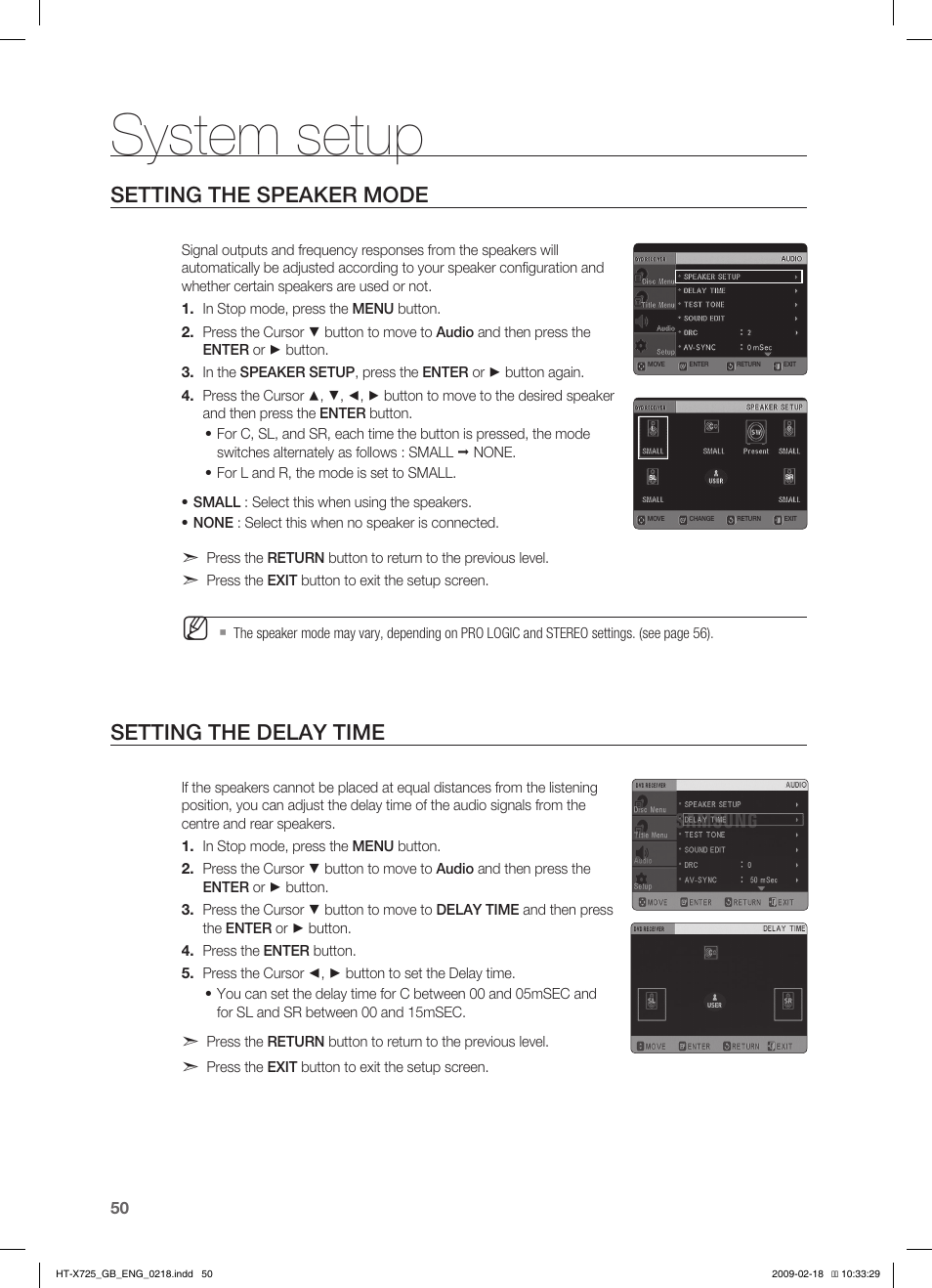 Seting the speaker mode, Seting the delay time, System setup | Setting the speaker mode, Setting the delay time | Samsung HT-X725G User Manual | Page 50 / 70