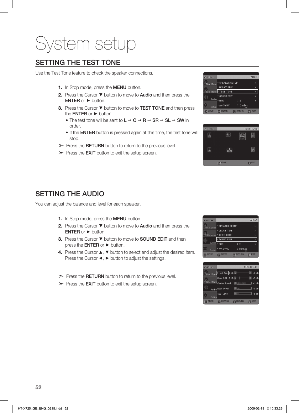 Seting the test tone, Seting the audio, System setup | Setting the test tone, Setting the audio | Samsung HT-X725G User Manual | Page 52 / 70