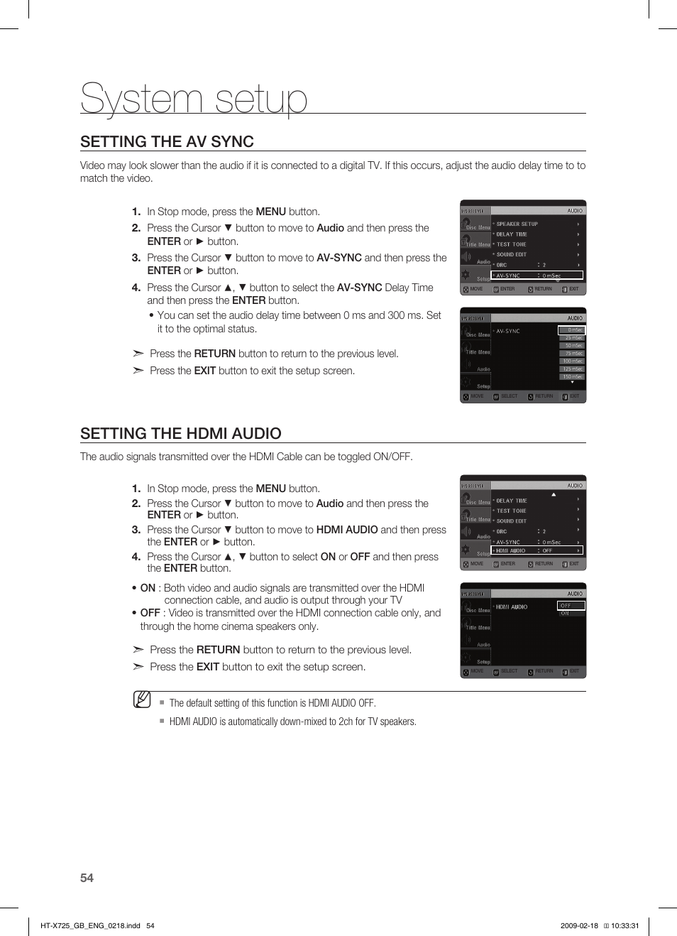 Seting the av sync, Seting the hdmi audio, System setup | Setting the av sync, Setting the hdmi audio | Samsung HT-X725G User Manual | Page 54 / 70