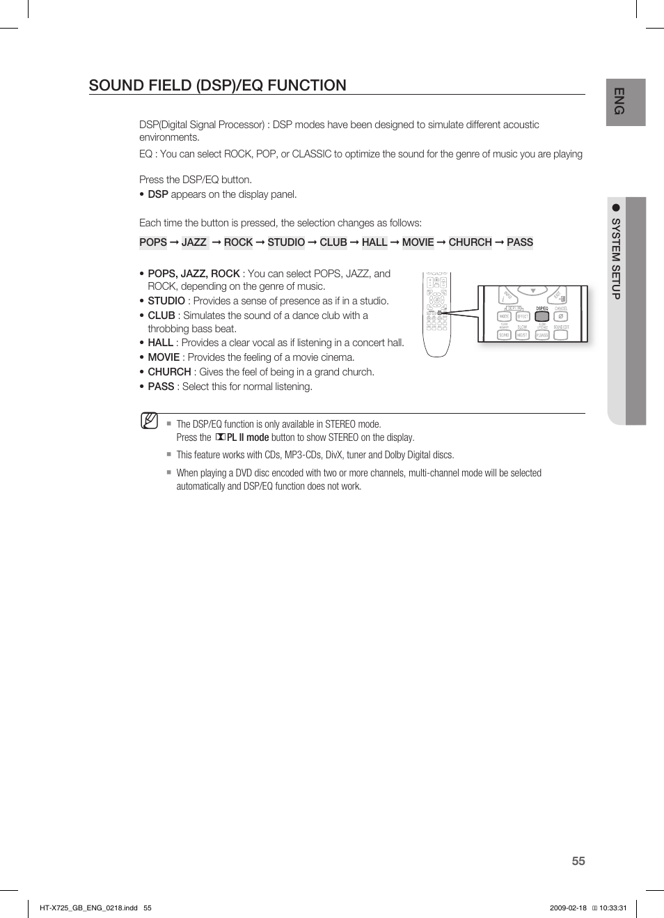 Sound field (dsp)/eq function | Samsung HT-X725G User Manual | Page 55 / 70