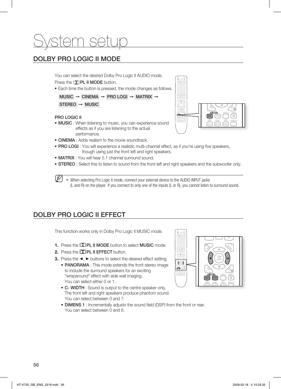 Dolby pro logic ii mode, Dolby pro logic ii effect, System setup | Samsung HT-X725G User Manual | Page 56 / 70