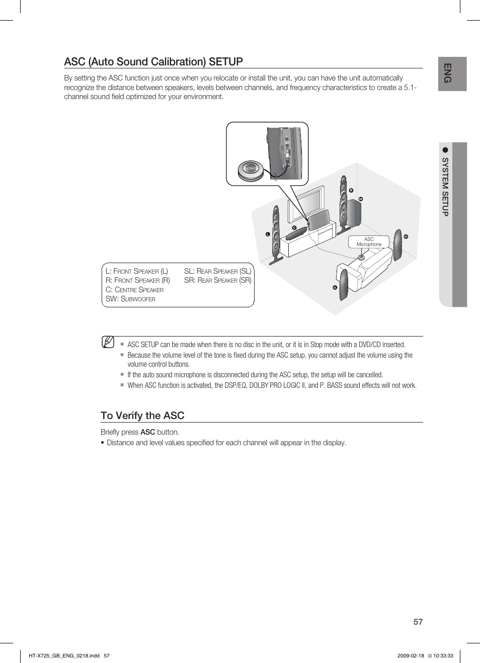 Asc (auto sound calibration) setup | Samsung HT-X725G User Manual | Page 57 / 70