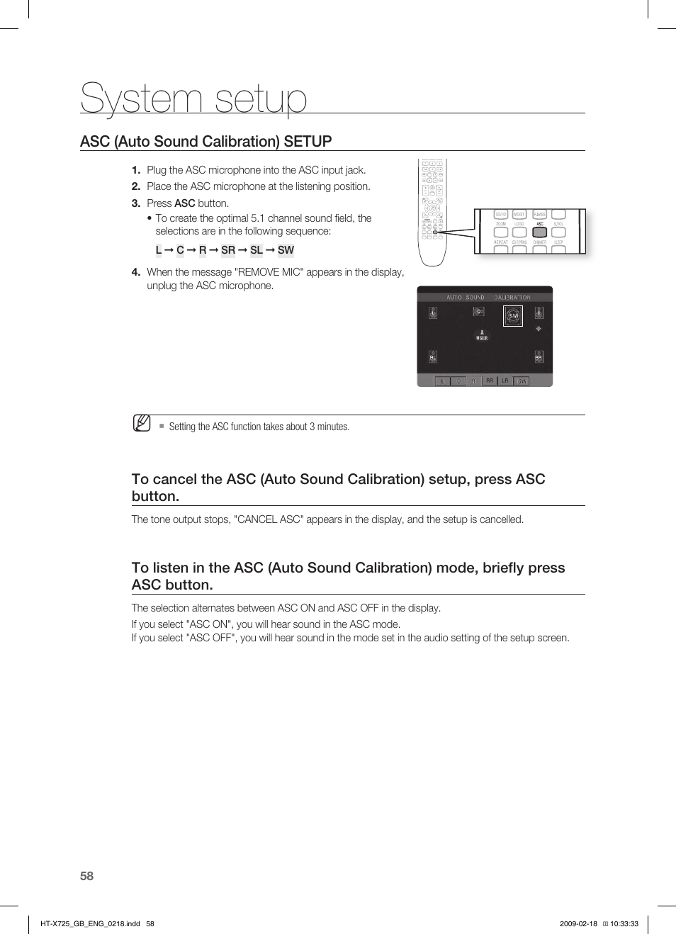 System setup, Asc (auto sound calibration) setup | Samsung HT-X725G User Manual | Page 58 / 70