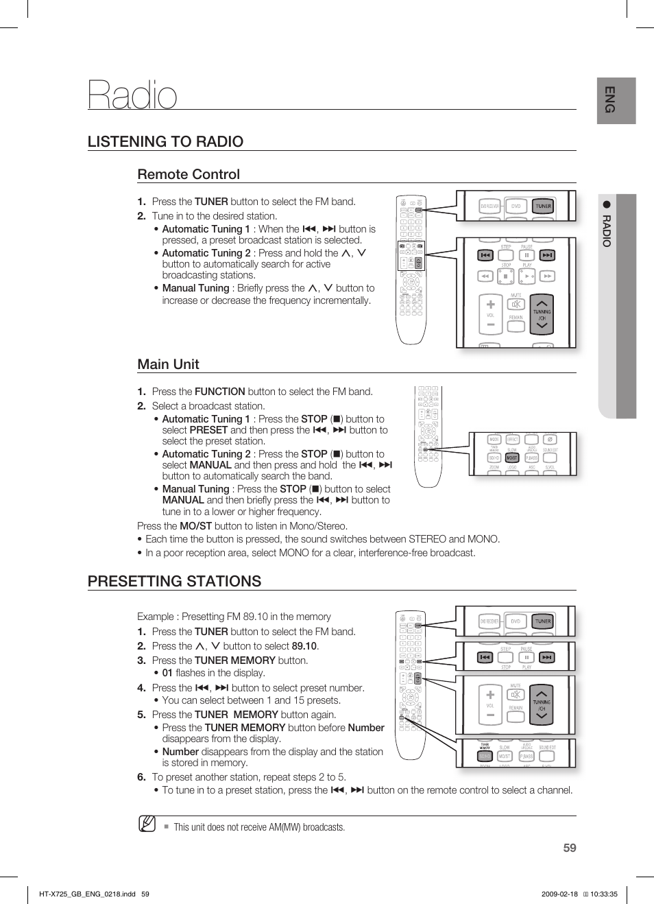 Radio, Listening to radio, Presetting stations | Remote control, Main unit | Samsung HT-X725G User Manual | Page 59 / 70