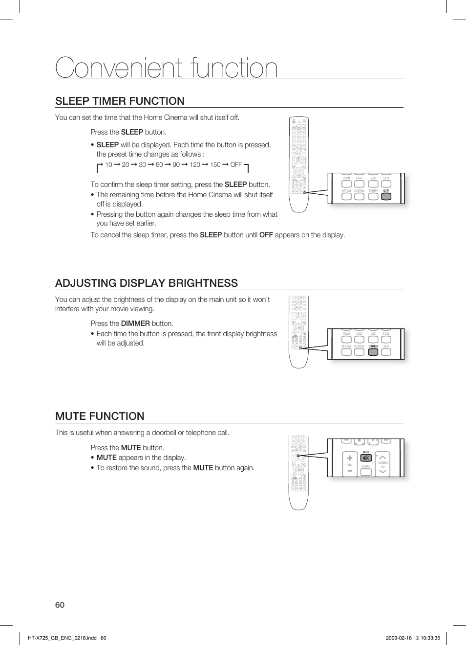 Convenient function, Sleep timer function, Adjusting display brightness | Mute function | Samsung HT-X725G User Manual | Page 60 / 70