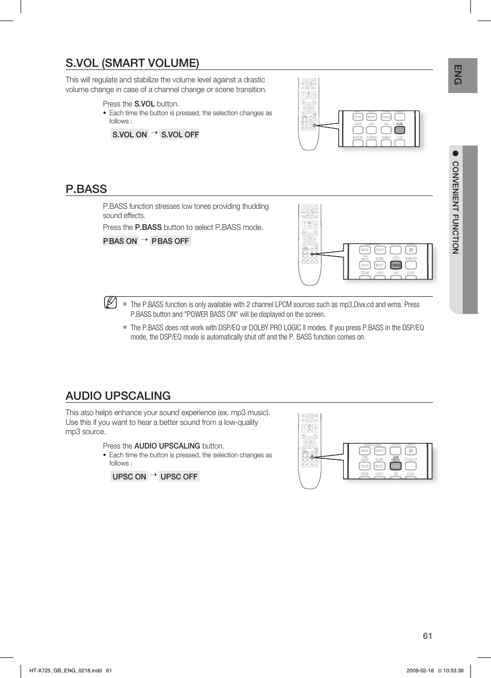 S.vol (smart volume), P.bass, Audio upscaling | Samsung HT-X725G User Manual | Page 61 / 70