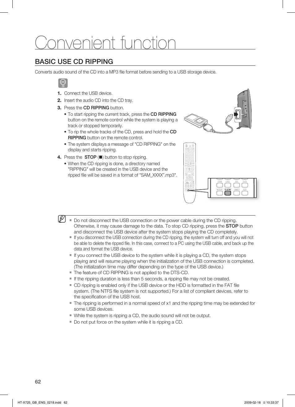 Basic use cd ripping, Convenient function | Samsung HT-X725G User Manual | Page 62 / 70