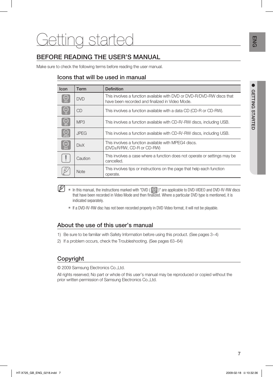 Getting started | Samsung HT-X725G User Manual | Page 7 / 70