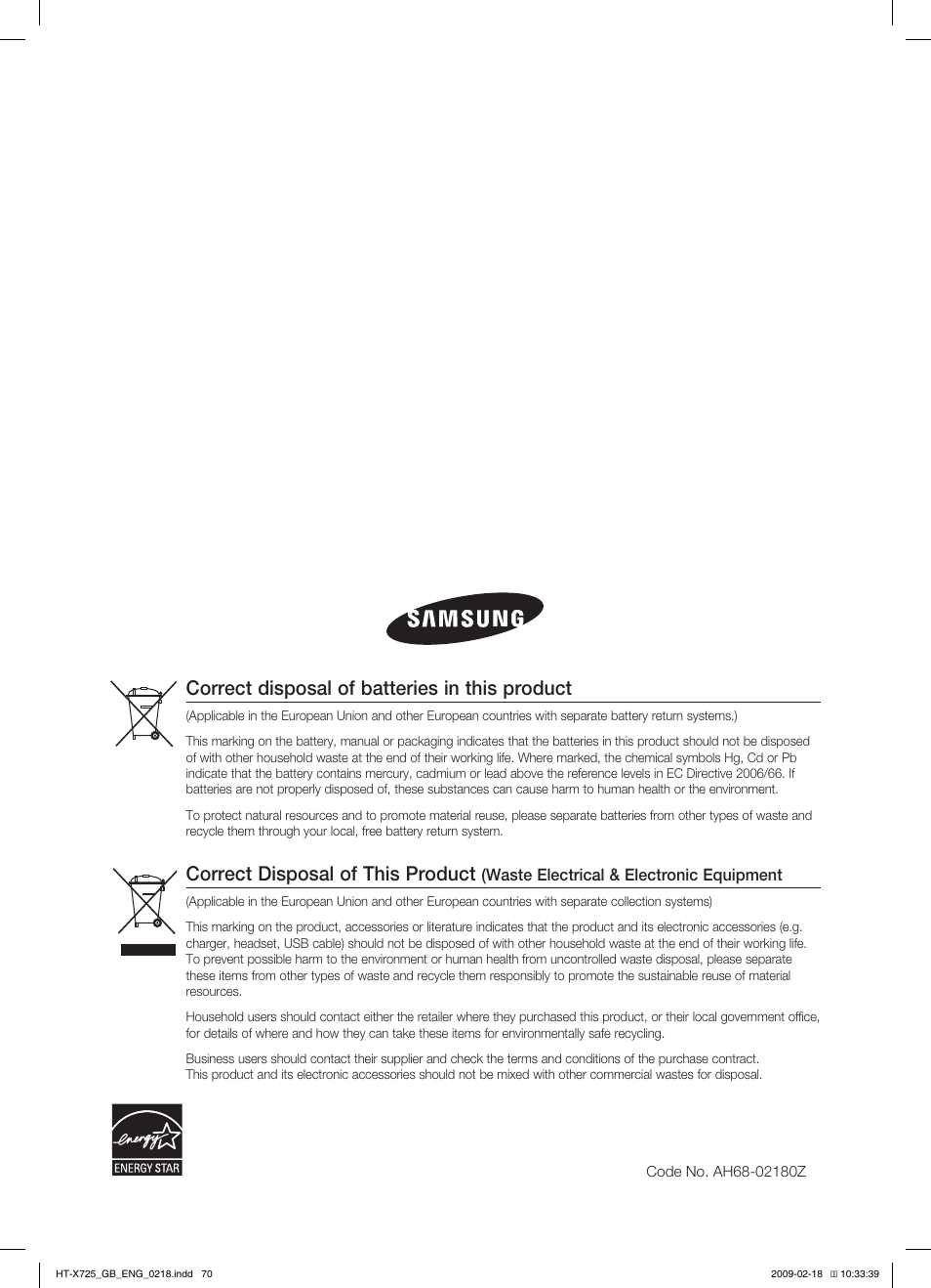 Correct disposal of this product, Correct disposal of batteries in this product | Samsung HT-X725G User Manual | Page 70 / 70