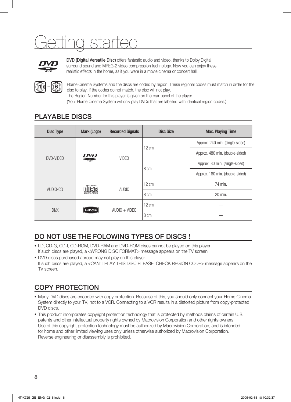 Getting started, Playable discs, Do not use the folowing types of discs | Copy protection | Samsung HT-X725G User Manual | Page 8 / 70