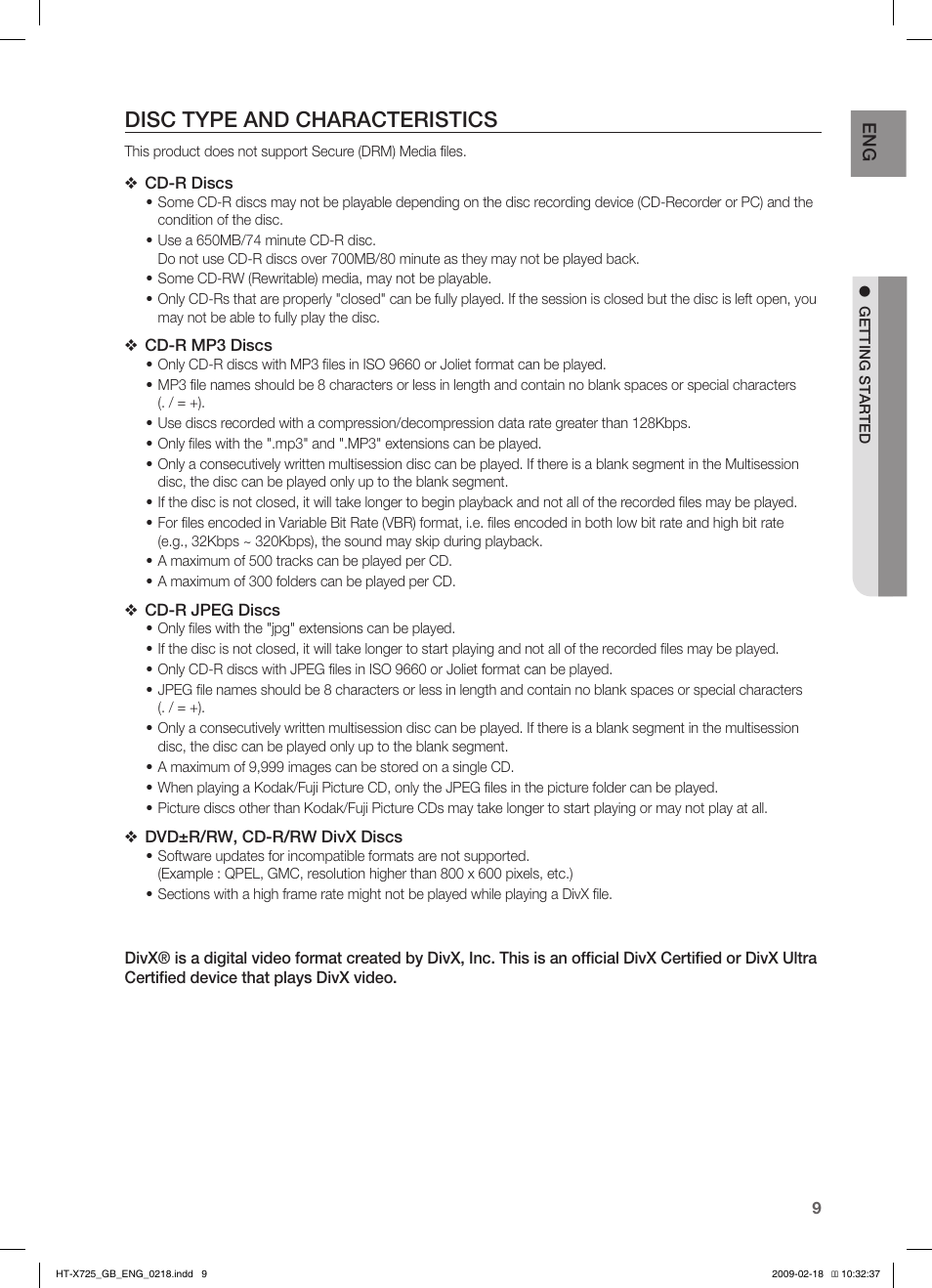 Disc type and characteristics | Samsung HT-X725G User Manual | Page 9 / 70