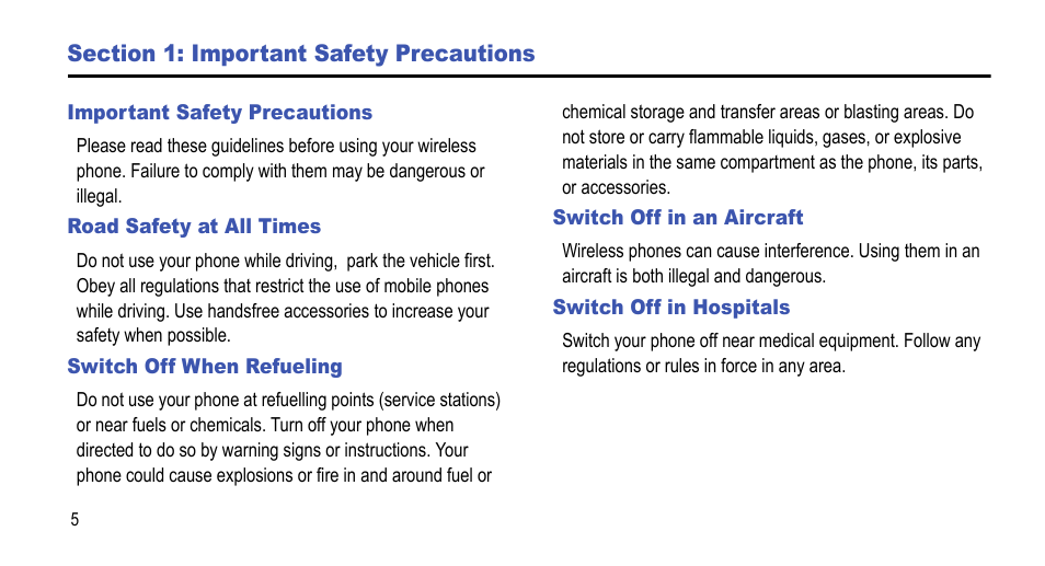 Section 1: important safety precautions, Important safety precautions, Road safety at all times | Switch off when refueling, Switch off in an aircraft, Switch off in hospitals | Samsung 07212010 User Manual | Page 10 / 137