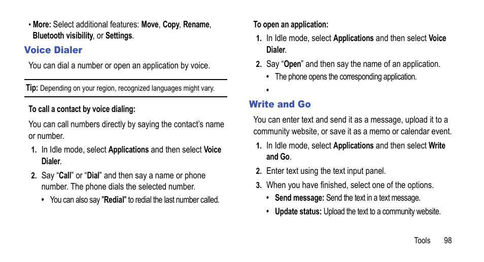 Voice dialer, Write and go, Voice dialer write and go | Samsung 07212010 User Manual | Page 103 / 137