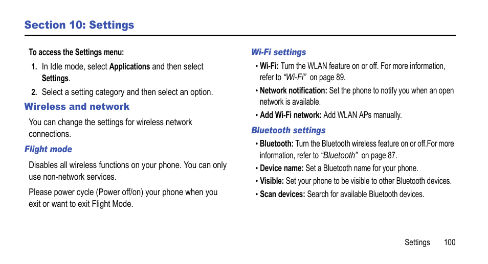 Section 10: settings, Wireless and network | Samsung 07212010 User Manual | Page 105 / 137