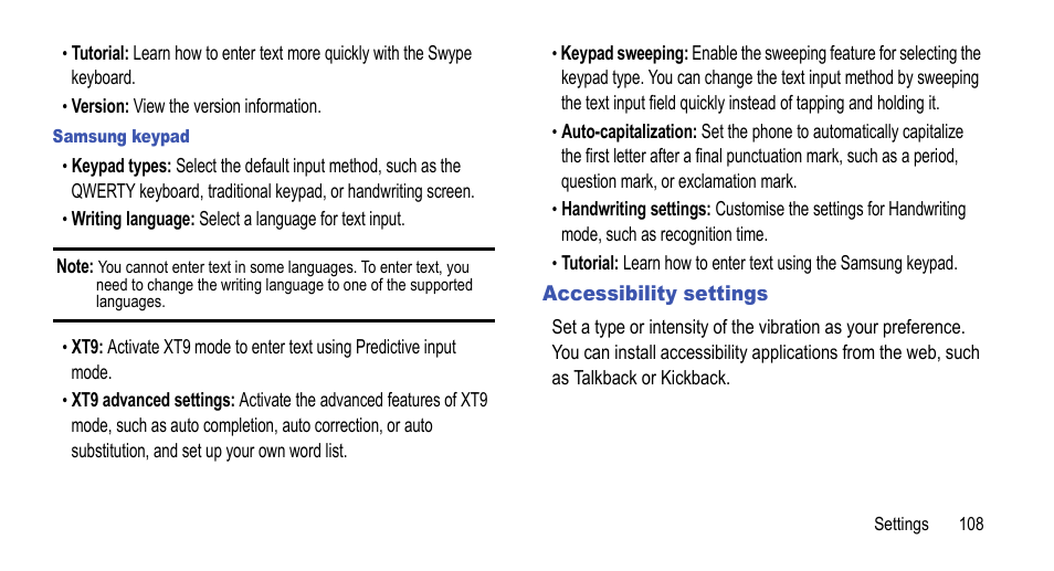 Accessibility settings | Samsung 07212010 User Manual | Page 113 / 137