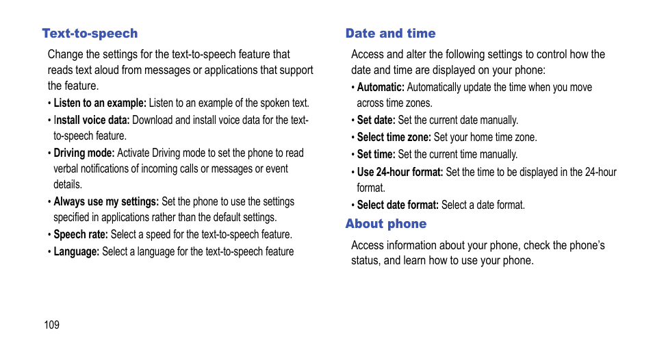 Text-to-speech, Date and time, About phone | Text-to-speech date and time about phone | Samsung 07212010 User Manual | Page 114 / 137