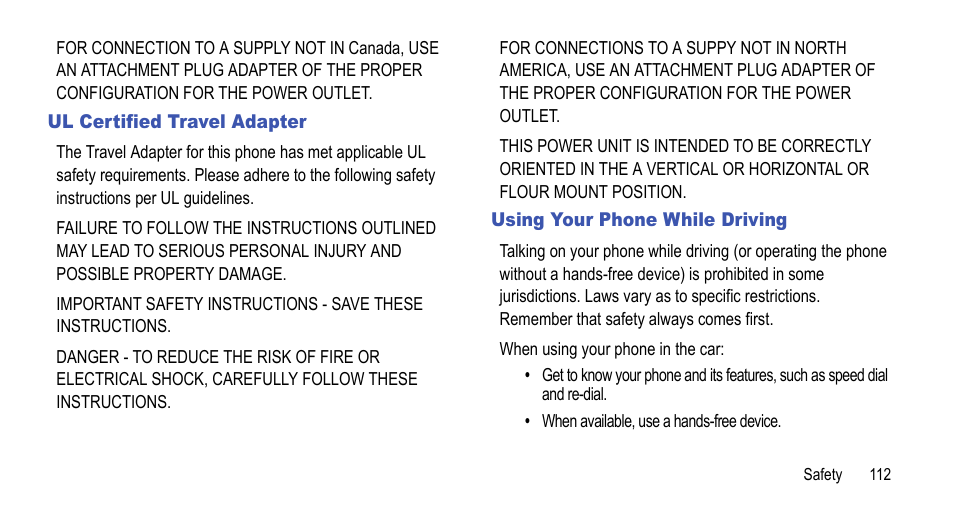 Ul certified travel adapter, Using your phone while driving | Samsung 07212010 User Manual | Page 117 / 137