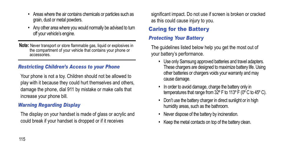 Caring for the battery | Samsung 07212010 User Manual | Page 120 / 137