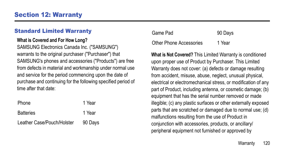 Section 12: warranty, Standard limited warranty | Samsung 07212010 User Manual | Page 125 / 137
