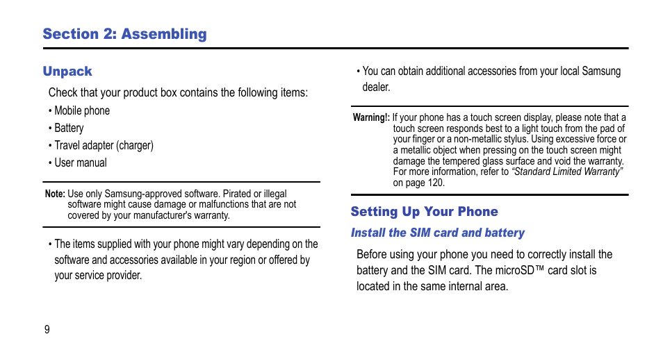 Section 2: assembling, Unpack, Setting up your phone | Unpack setting up your phone | Samsung 07212010 User Manual | Page 14 / 137