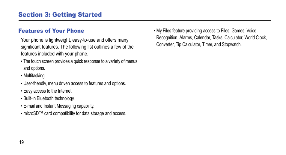 Section 3: getting started, Features of your phone | Samsung 07212010 User Manual | Page 24 / 137