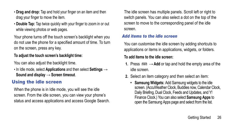 Using the idle screen | Samsung 07212010 User Manual | Page 31 / 137