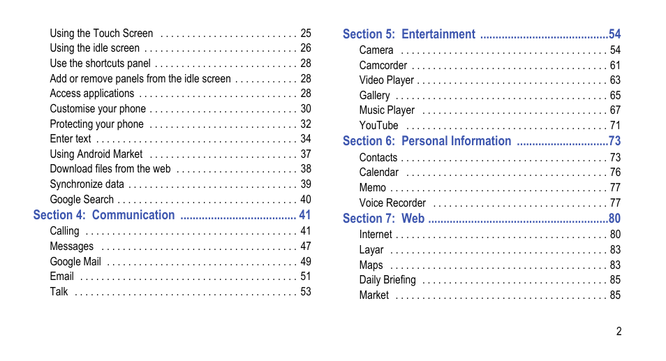 Section 4: communication 41, Section 5: entertainment 54, Section 6: personal information 73 | Section 7: web 80 | Samsung 07212010 User Manual | Page 7 / 137