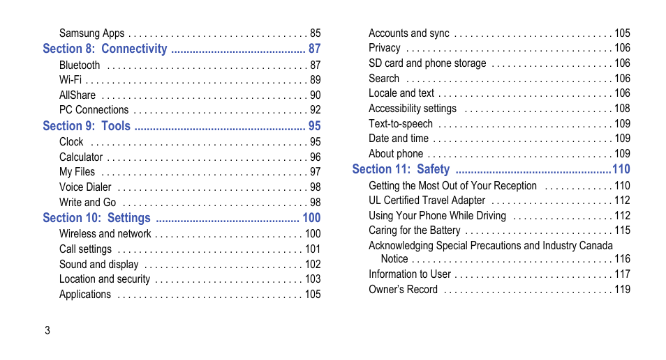 Section 8: connectivity 87, Section 9: tools 95, Section 10: settings 100 | Section 11: safety 110 | Samsung 07212010 User Manual | Page 8 / 137