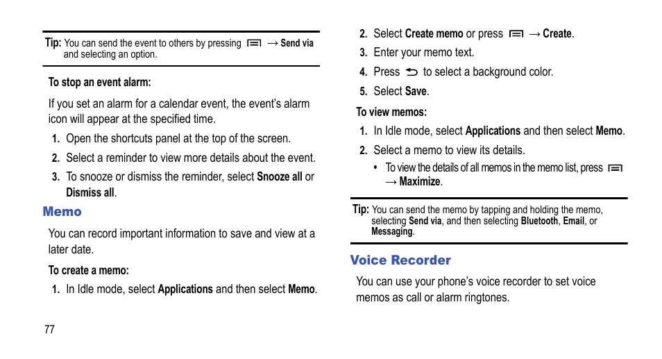 Memo, Voice recorder, Memo voice recorder | Samsung 07212010 User Manual | Page 82 / 137