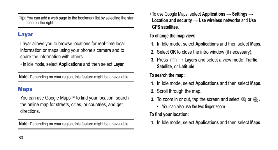 Layar, Maps, Layar maps | Samsung 07212010 User Manual | Page 88 / 137